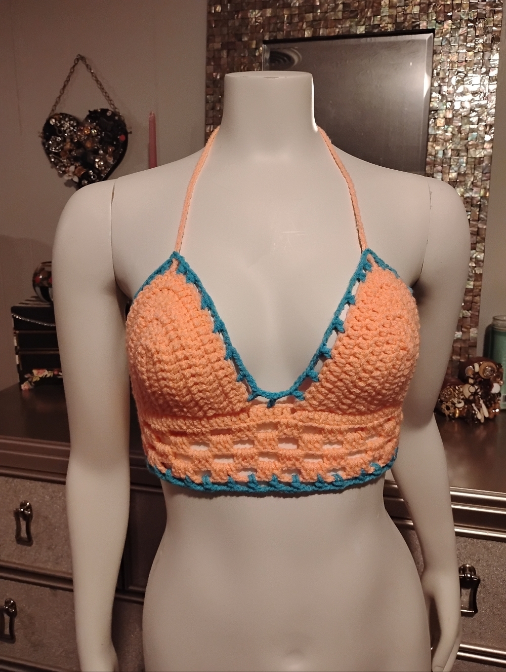 Handmade Peach Crochet Bralette with Teal Trim